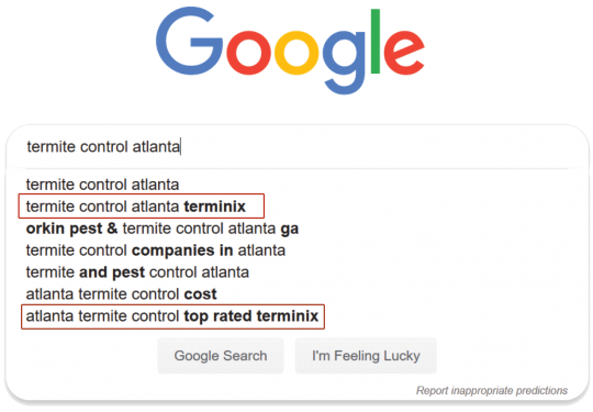 Google search on keyword phrase “termite control atlanta terminix”