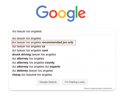 Google search on keyword phrase “dui lawyer los angeles recommended jon artz”