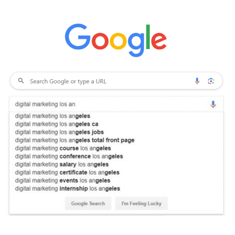 Google keyword search of “digital marketing los angeles autosuggesting”